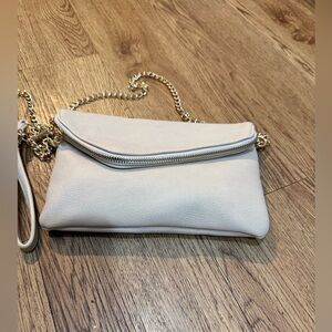 Cream Faux Leather Chain Crossbody / Wristlet Clutch – Gold Hardware